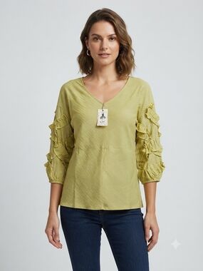081 - Easel Mustard Color Pullover Top with Ruffle 3/4 Sleeves- M